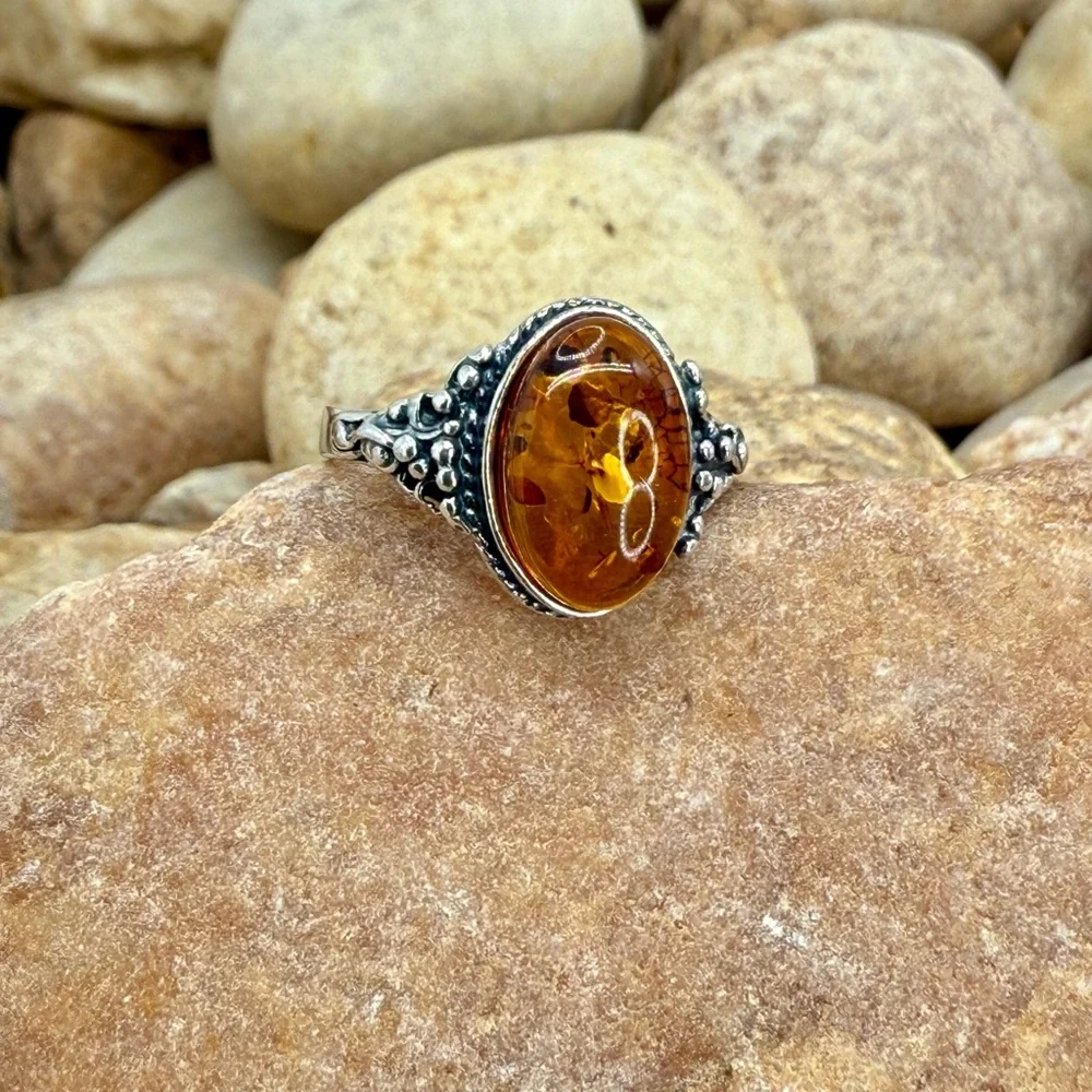 Vintage Cognac Baltic Amber Sterling Silver Filigree Ring Size 6